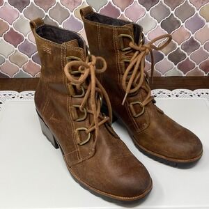 Sorel‎ Cate Lace Brown Leather Block Heel Lug Sole Boots Size 8.5